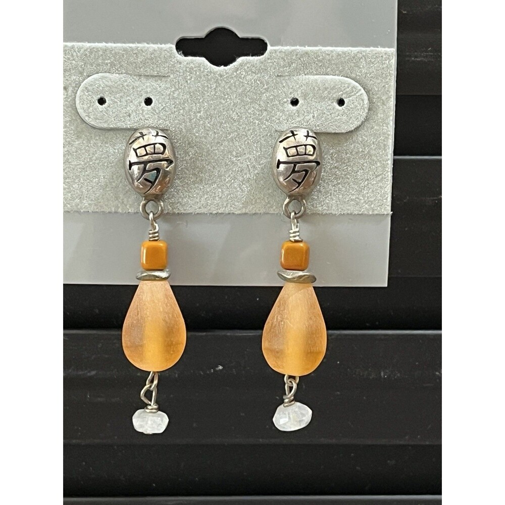 Asian Sterling Silver Orange Sea Glass & Pink Quartz Artisan Earrings Artsy